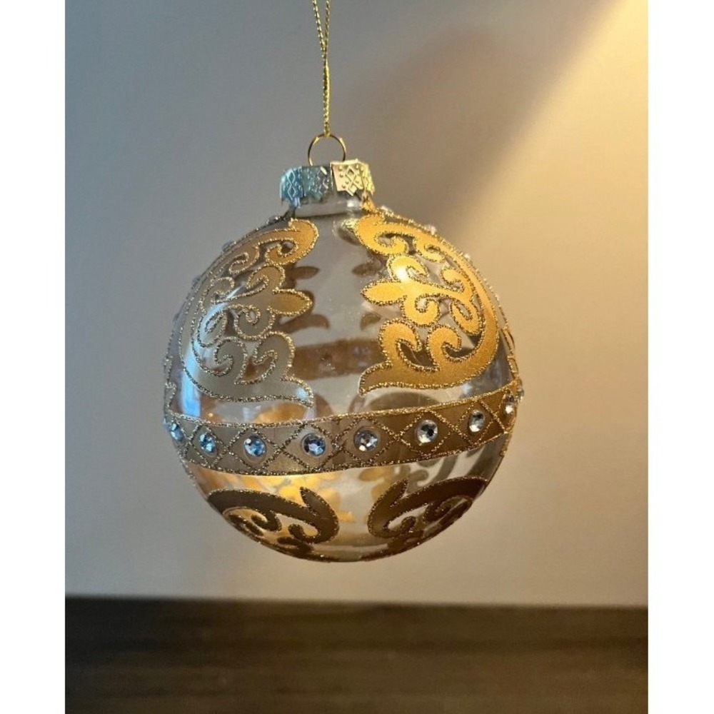 RAZ Imports 4" Gold Clear Glass Christmas Ornament Rhinestone Jeweled Ball